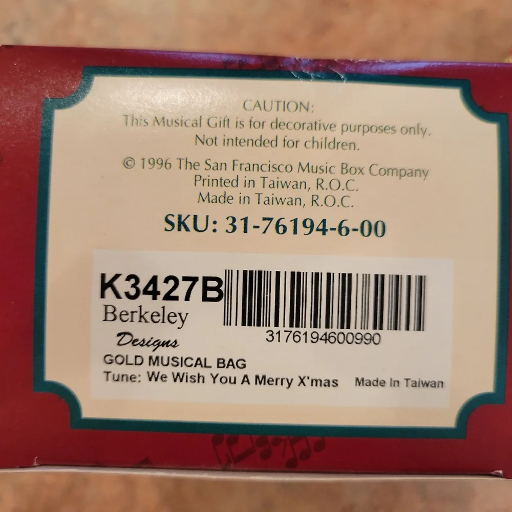 San Francisco Music Box Company 1996 Gift Bag Christmas Music Box